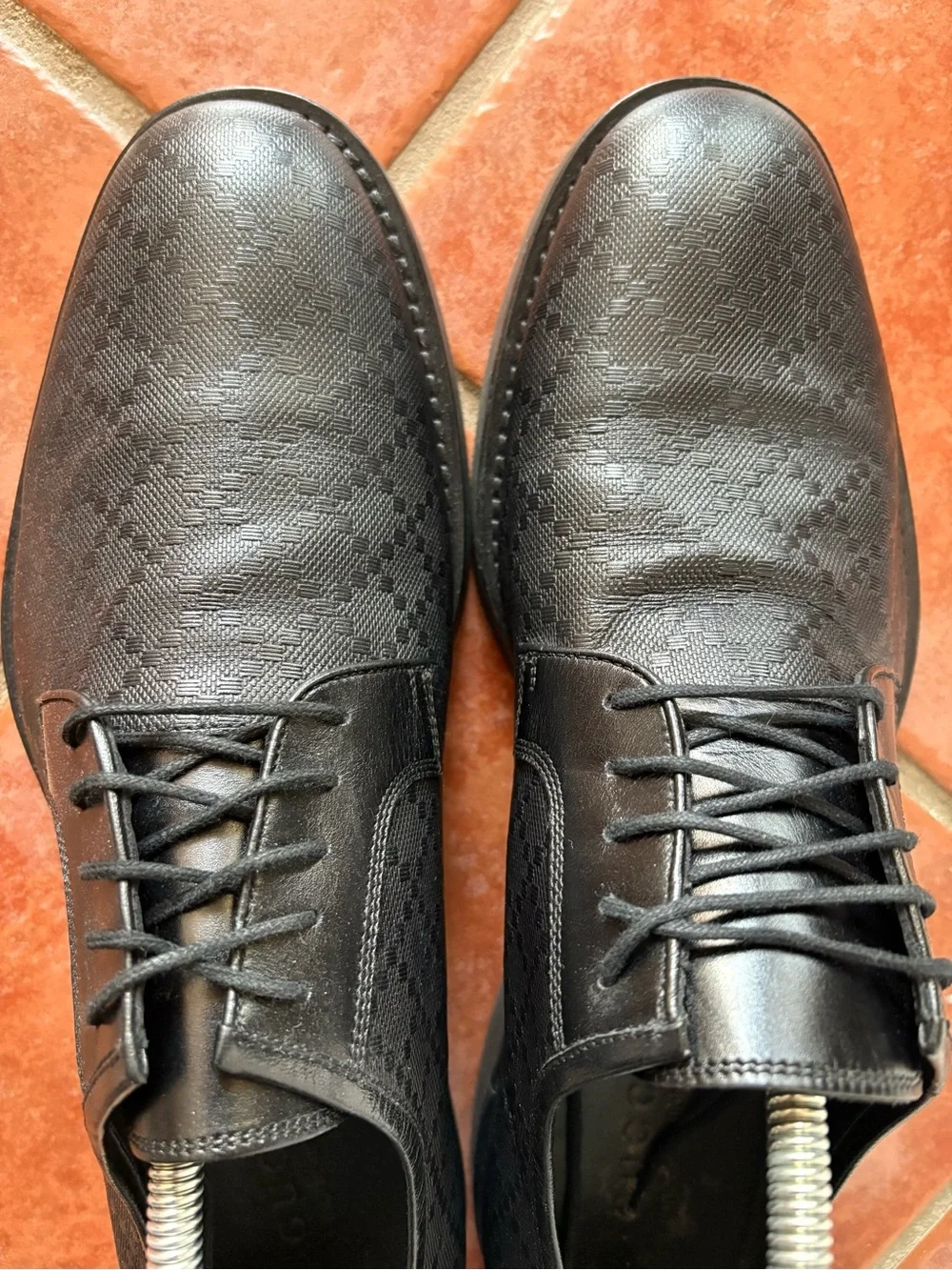 Gucci Hilary Lux Diamante Black Leather Derby Shoes 386575 Sz UK 10 US 11